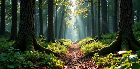 Fototapeta premium Dense foliage of trees surrounding Steinbruch, foliage, wooden logs