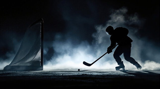 Silhouette of a hockey player against a dark background, mist fog, extreme sport
