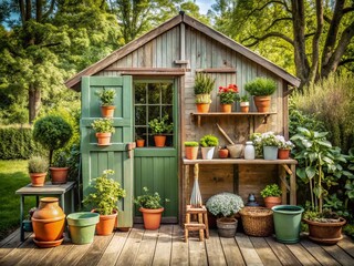 Obraz premium Minimalist Potting Shed Garden Photography: Peaceful Plants, Simple Tools, Shed Design
