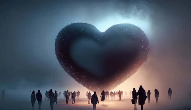 Hundreds of people walking in mist towards a large deep red love heart.