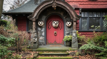 Fototapeta premium Red Doorway Adorned With Carved Bear Masks