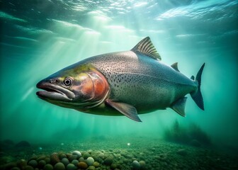 Fototapeta premium Minimalist Salmon King Photography: Majestic Fish, River Royalty, Underwater Still Life