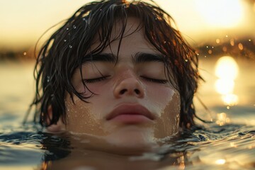close up of a person in the water at sunset