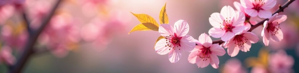 Obraz premium Soft pink hues of the cherry blossoms blend harmoniously with the surrounding foliage on a serene branch, spring, gentle