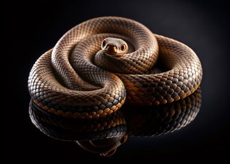 Fototapeta premium Minimalist Snake Spiral Photography: Dark Background, Sleek Reptile, Coiled Serpent, Perfect Symmetry