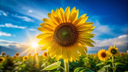 Obraz premium Minimalist Sunflower Field, Summer Sunflowers, Hot Summer Day, Swaying Sunflowers, Windblown Sunflowers, Vibrant Yellow Sunflowers