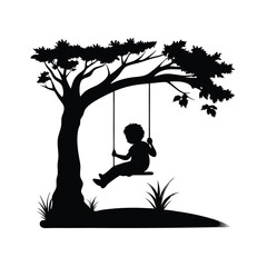 a black and white silhouette of a child sitting on a swing under a tree