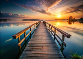 Fototapeta premium Minimalist Wooden Bridge Lake Photography: Serene Landscape Images, Calm Water Reflections, Rustic Wooden Structure