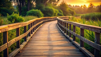Fototapeta premium Minimalist Wooden Bridge Pathway, Nature Walk, Scenic Bridge, Rustic Footbridge, Wooden Walkway, Calm Nature Photography