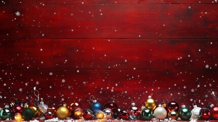 Festive Warm White Lights on a Vibrant Red Wooden Background with Colorful Christmas Ornaments and Gentle Snowfall for a Joyful Holiday Atmosphere