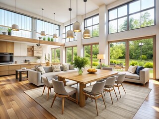 Fototapeta premium Modern Airy Open Plan Living Room Design, Contemporary Interior Architecture, Spacious Dining Area, Minimalist Home Decor