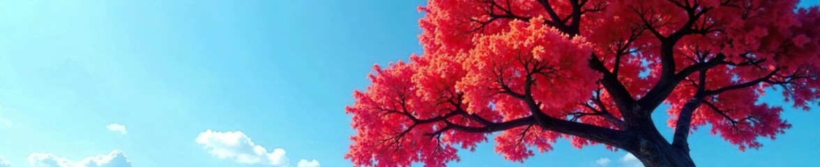 Tree with large red inflorescence against a bright blue sky, red, nature, inflorescence