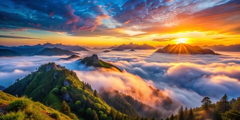 Fototapeta premium Misty Mountain Sunrise: Breathtaking Dawn Landscape Photography
