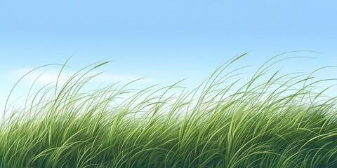 Fototapeta premium Lush green grass swaying gently in the breeze under a clear blue sky, creating a serene and peaceful atmosphere.