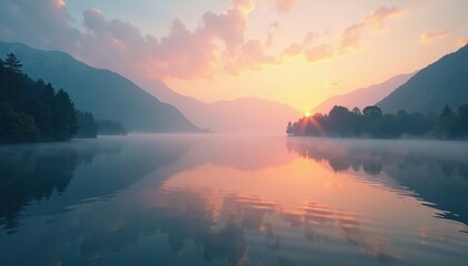 Fototapeta premium Vast expanse of tranquil lake covered in soft morning fog at sunrise, sunrise, nature, peaceful