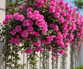 Fototapeta premium Vibrant pink Bougainvillea flowers blooming on a trellis, pink bougainvillea, ornamental plant, flower