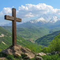 A wooden cross stands majestically in a lush green valley, framed by snow-capped mountains under a vibrant sky.