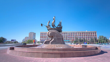 Sculpture sailing ship on Astana square timelapse hyperlapse. Aktau, Kazakhstan