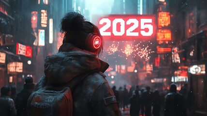 Obraz premium Woman in futuristic city celebrating New Year 2025.