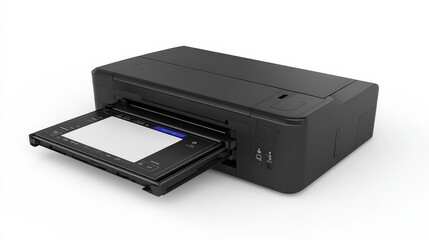 Sleek black inkjet printer with open tray on white background