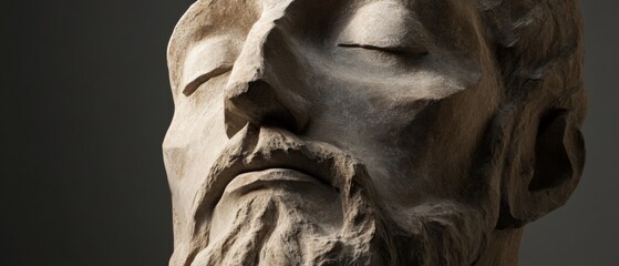 close up of a stone sculpture head with a beard