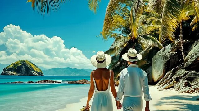 A mature couple in white outfits stroll on a sandy beach under sunny skies, flanked by lush palm trees and pristine waters. The scene captures a serene, vacation mood with a concept of leisure travel