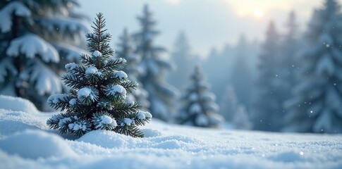 Fototapeta premium Frosty pines in a snowy landscape with a large silver asterisk on the ground, snow-covered pine, , silver ornaments