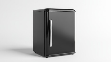 Sleek black mini fridge with chrome handle on white background