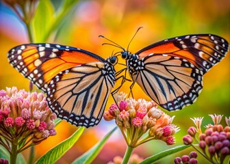 Fototapeta premium Monarch Butterfly Couple on Milkweed, Stunning Insect Macro Photography, Closeup Butterfly Wings, Nature Wildlife Images