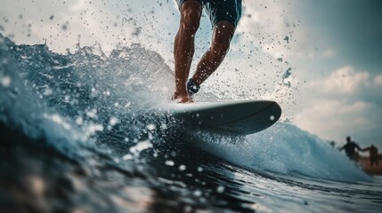 A person stands on a surfboard, skillfully balancing while riding a wave. The sun shines down on the beach, with silhouettes of other surfers enjoying the surf.