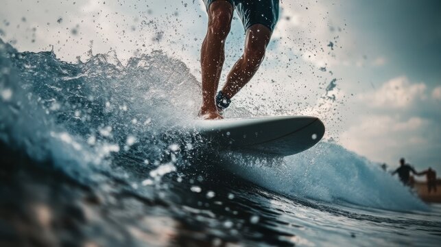 A person stands on a surfboard, skillfully balancing while riding a wave. The sun shines down on the beach, with silhouettes of other surfers enjoying the surf.