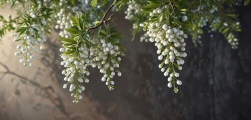White mistletoe berries hanging from a branch, green leaves, berries, mistletoe plants