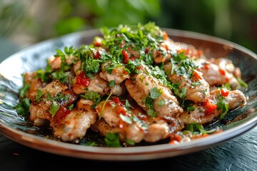 Baked chicken wings with hot sauce and herbs on a black plate, against a wooden background