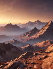 Obraz premium A realistic landscape of a mountain range at dawn with a bronze glimmer background, warm colors, tranquility, calmness