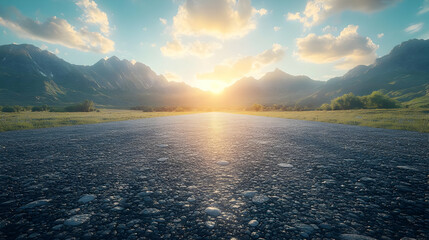 Paved Road Through Mountains at Sunset - 3D Illustration