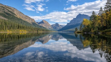 Fototapeta premium Serene lake reflecting mountain, stunning, background under a blue sky with scattered clouds.