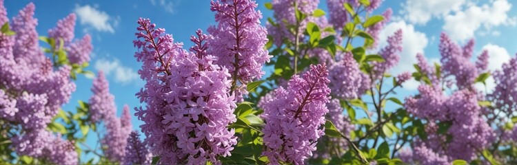 Blooming lilacs against a blue sky background , landscape photography, natural scenery, floral colors