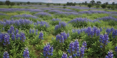 Fototapeta premium Bluebonnet field with vibrant purple flowers and green foliage, texas, field
