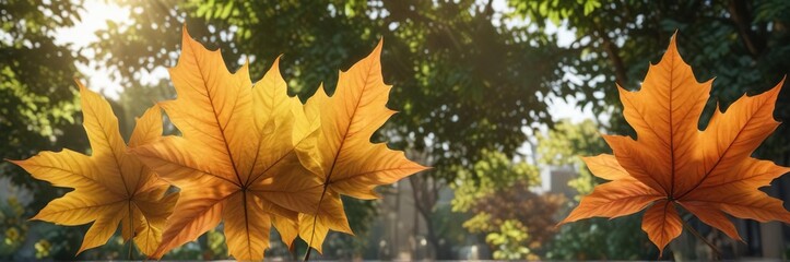 Obraz premium Large leaves with five pointed lobes under afternoon sun, autumn colors, bigleaf maple