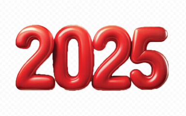 Abstract 3d 2025 number for happy new year, in the shape of gold, red and yellow balloons, isolated on white background.