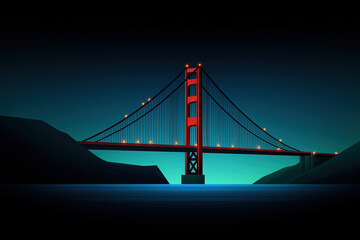 Fototapeta premium Night Scene Bridge Red Towers Black Cables Orange Lights Blue Water Connection