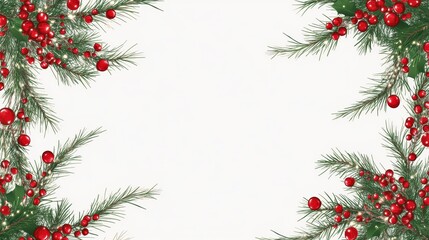A festive border of evergreen branches and red berries against a white background, perfect for holiday-themed designs.