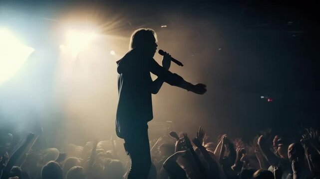 Silhouette of a Singer on stage surrounded by adoring fans in the crowd