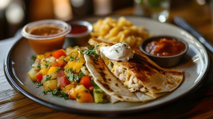 Quesadilla with chicken, cheese, and vegetables on a plate with sour cream