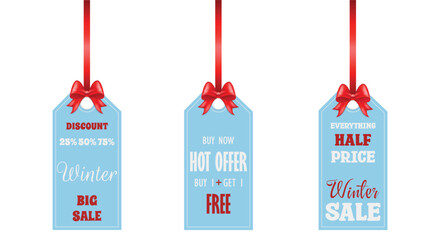 Vector winter minimalistic Sale labels with red bow and ribbon white isolated background. Winter discount, hot offer, big sale, half price labels set. Winter sale banner template.