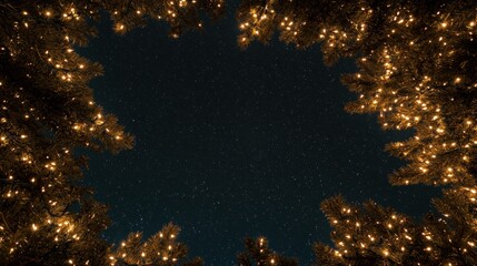 Naklejka premium A mesmerizing view of a starry night framed by twinkling lights from surrounding trees, creating a magical, serene atmosphere.