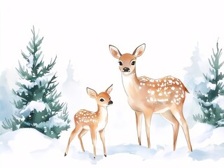 Watercolor painting of a mother and baby deer in a snowy winter forest.