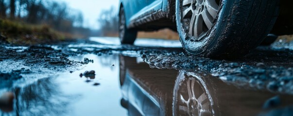 Car driving on muddy road reflecting in puddle