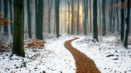 A winding path through a snowy forest, lined with fallen leaves, leading into a serene, foggy atmosphere illuminated by soft sunlight.