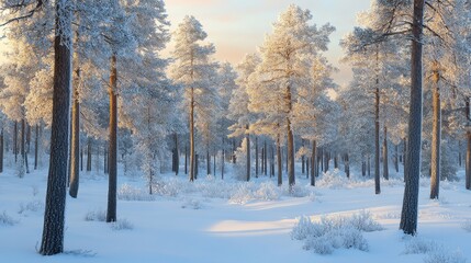 A serene winter landscape featuring snow-covered trees under a soft, golden light, creating a tranquil and picturesque scene.